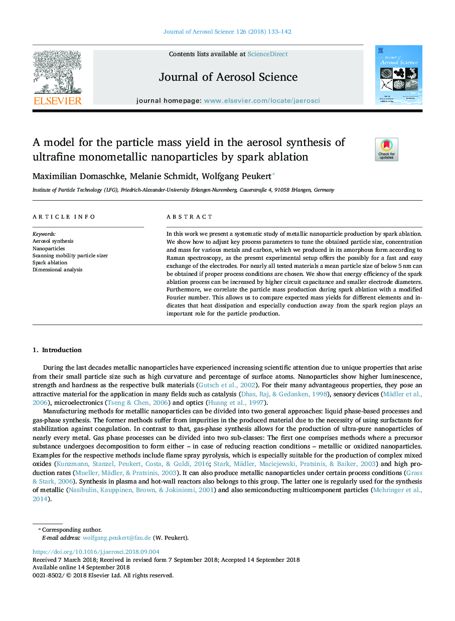 A model for the particle mass yield in the aerosol synthesis of ultrafine monometallic nanoparticles by spark ablation