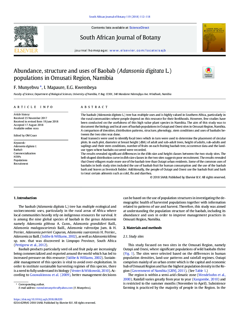 Abundance, structure and uses of Baobab (Adansonia digitata L.) populations in Omusati Region, Namibia