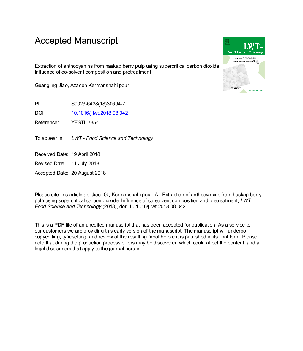 Extraction of anthocyanins from haskap berry pulp using supercritical carbon dioxide: Influence of co-solvent composition and pretreatment