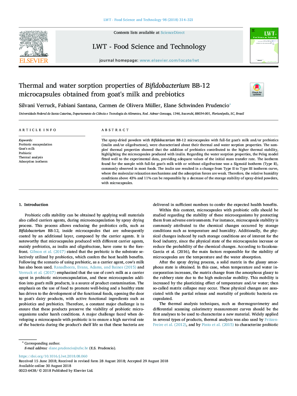 Thermal and water sorption properties of Bifidobacterium BB-12 microcapsules obtained from goat's milk and prebiotics