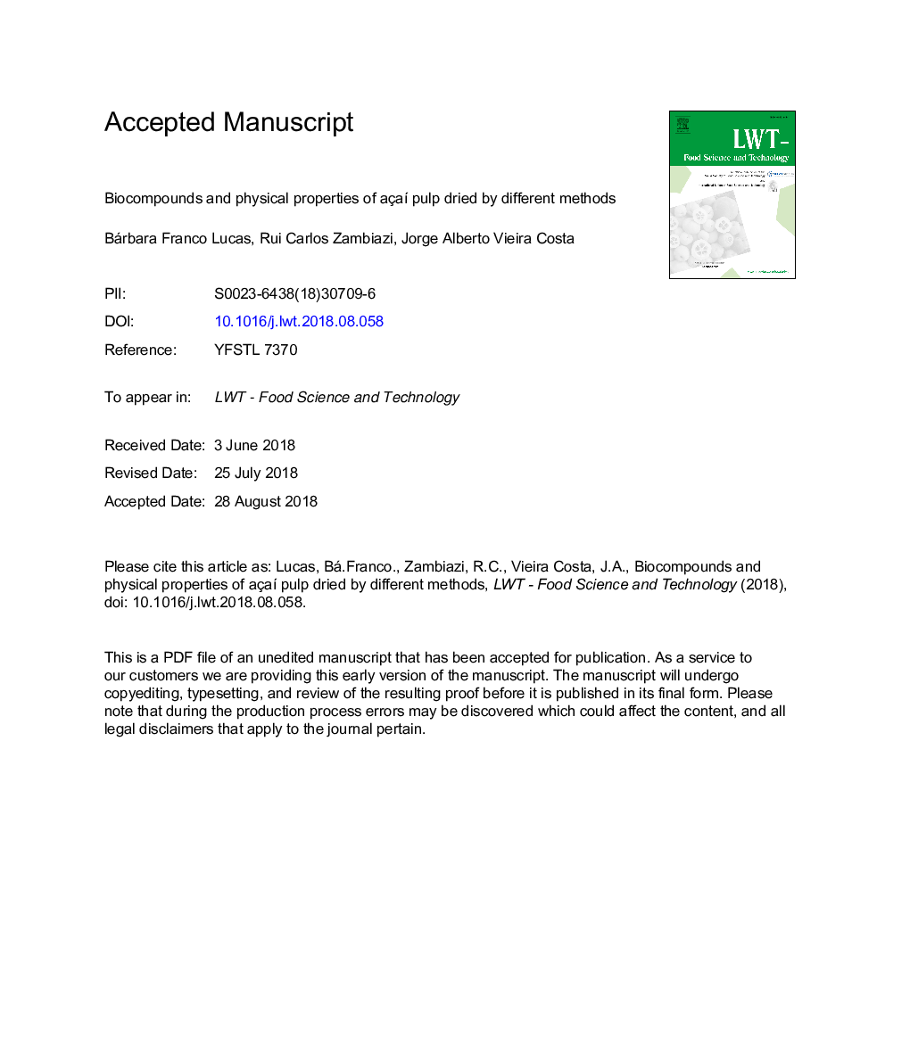 Biocompounds and physical properties of açaÃ­ pulp dried by different methods