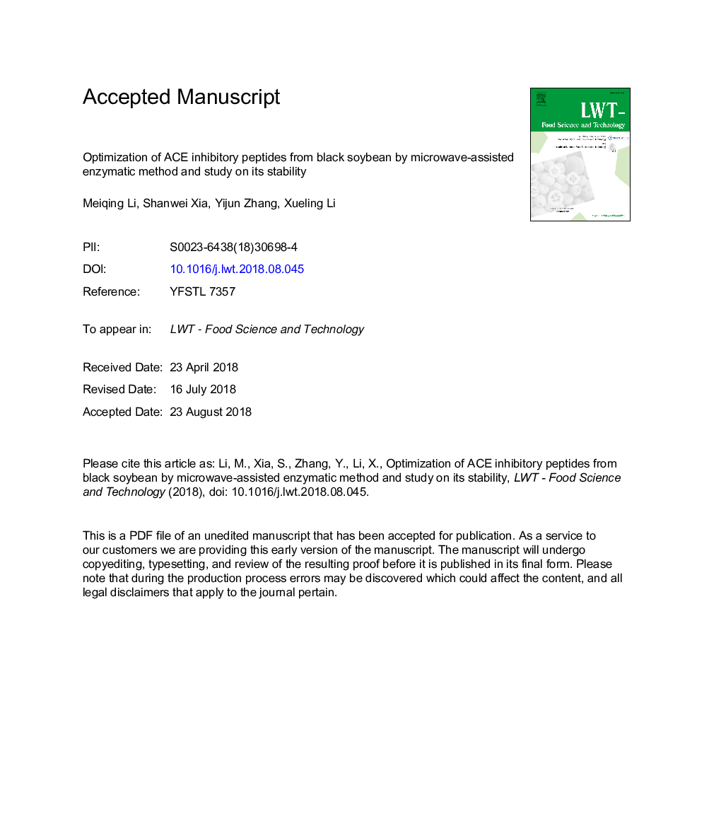 Optimization of ACE inhibitory peptides from black soybean by microwave-assisted enzymatic method and study on its stability