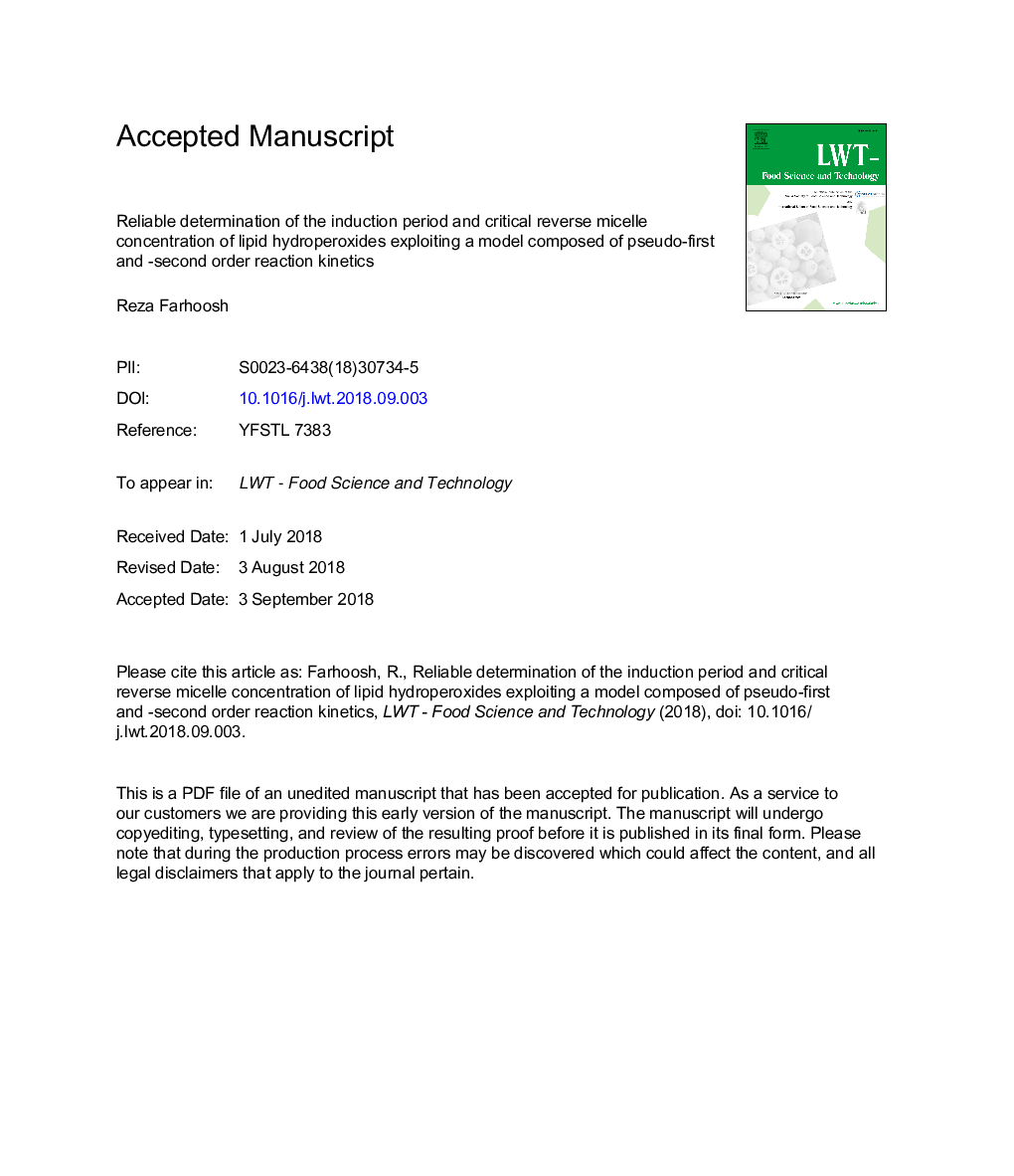 Reliable determination of the induction period and critical reverse micelle concentration of lipid hydroperoxides exploiting a model composed of pseudo-first and -second order reaction kinetics