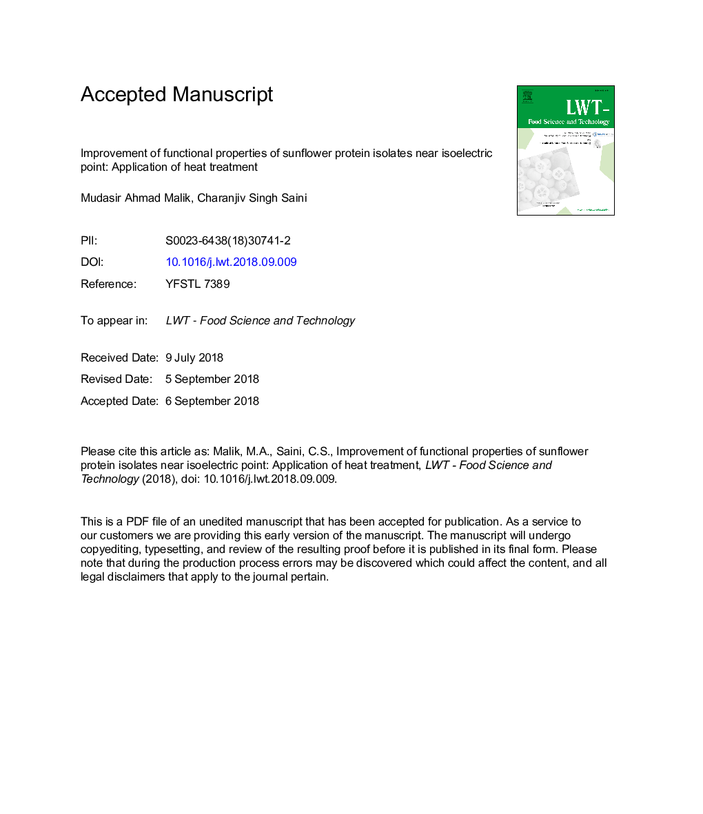 Improvement of functional properties of sunflower protein isolates near isoelectric point: Application of heat treatment