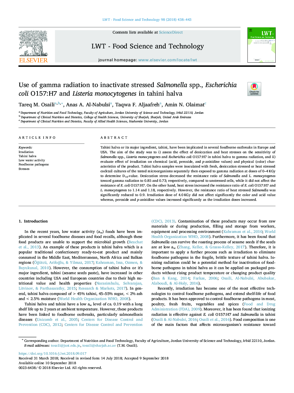 Use of gamma radiation to inactivate stressed Salmonella spp., Escherichia coli O157:H7 and Listeria monocytogenes in tahini halva