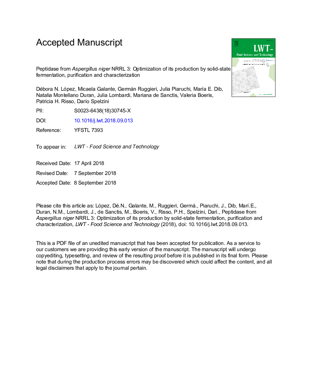 Peptidase from Aspergillus niger NRRL 3: Optimization of its production by solid-state fermentation, purification and characterization