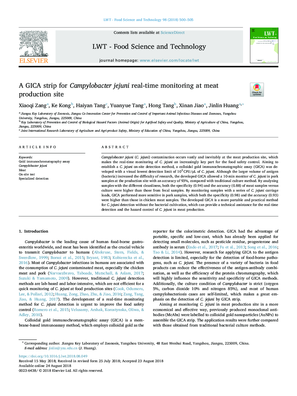 A GICA strip for Campylobacter jejuni real-time monitoring at meat production site