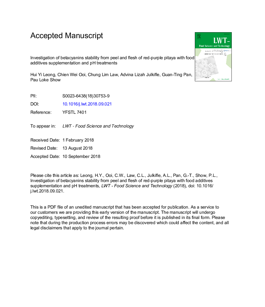 Investigation of betacyanins stability from peel and flesh of red-purple pitaya with food additives supplementation and pH treatments