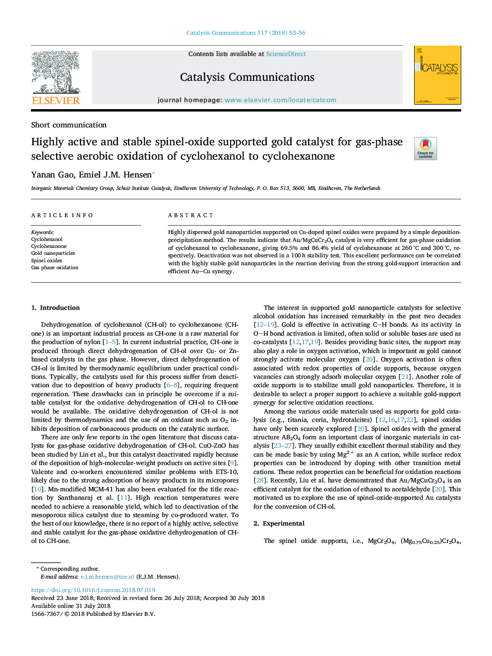 Highly active and stable spinel-oxide supported gold catalyst for gas-phase selective aerobic oxidation of cyclohexanol to cyclohexanone