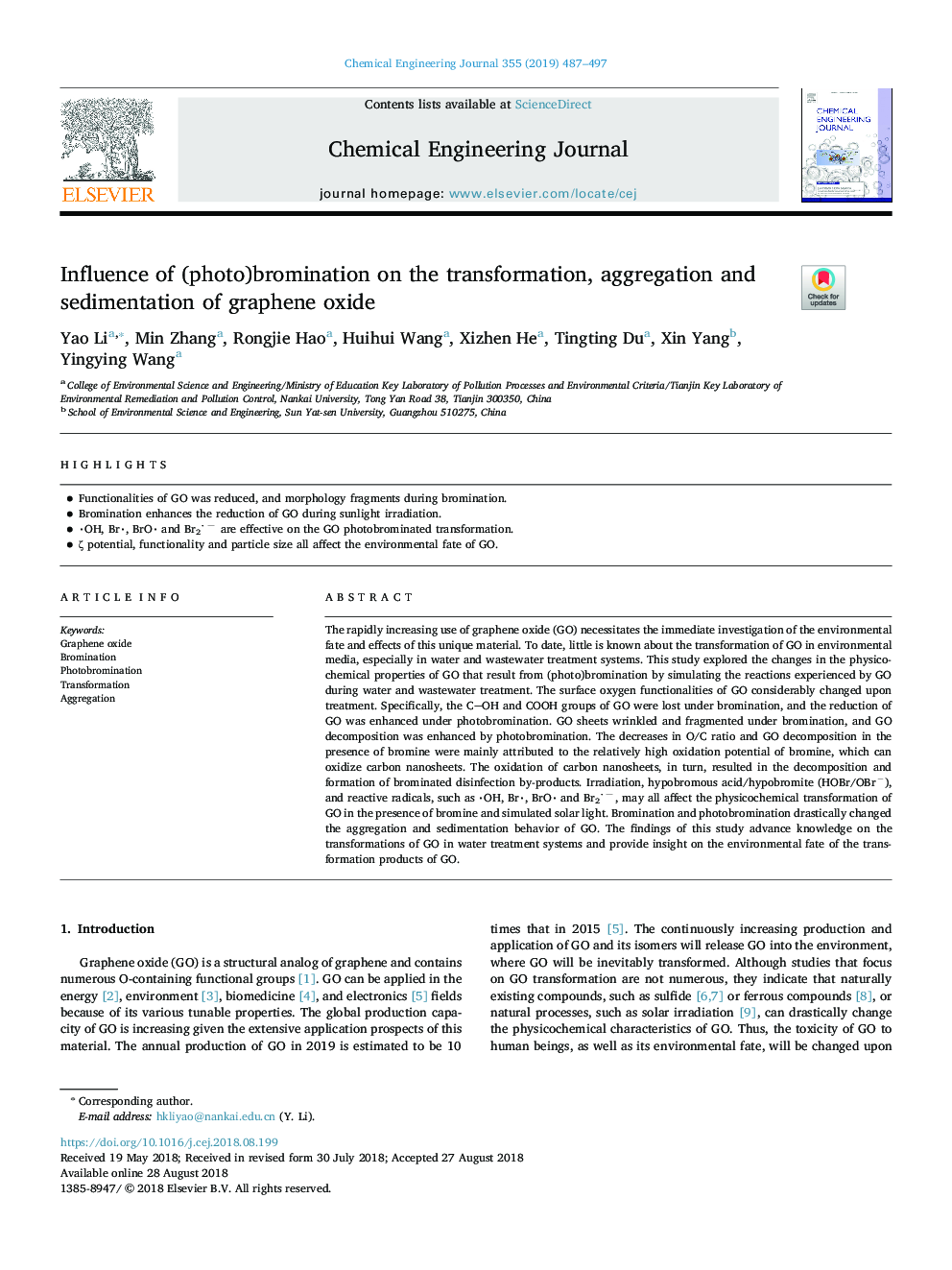 Influence of (photo)bromination on the transformation, aggregation and sedimentation of graphene oxide