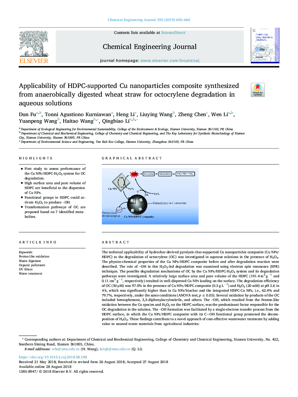 عکس صفحه اول مقاله: Applicability of HDPC-supported Cu nanoparticles composite synthesized from anaerobically digested wheat straw for octocrylene degradation in aqueous solutions Applicability of HDPC-supported Cu nanoparticles composite synthesized from anaerobically digested wheat straw for octocrylene degradation in aqueous solutions