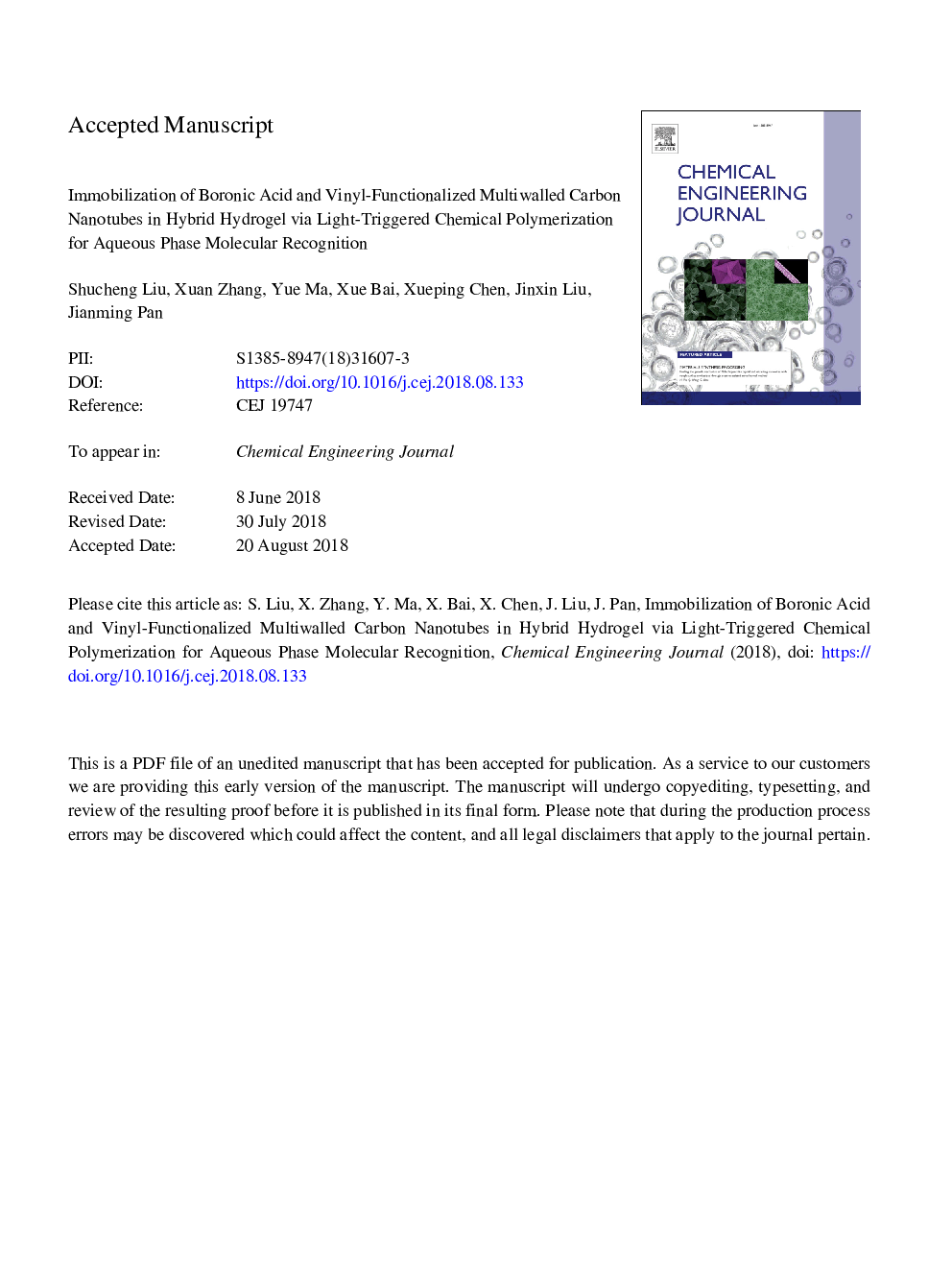 Immobilization of boronic acid and vinyl-functionalized multiwalled carbon nanotubes in hybrid hydrogel via light-triggered chemical polymerization for aqueous phase molecular recognition