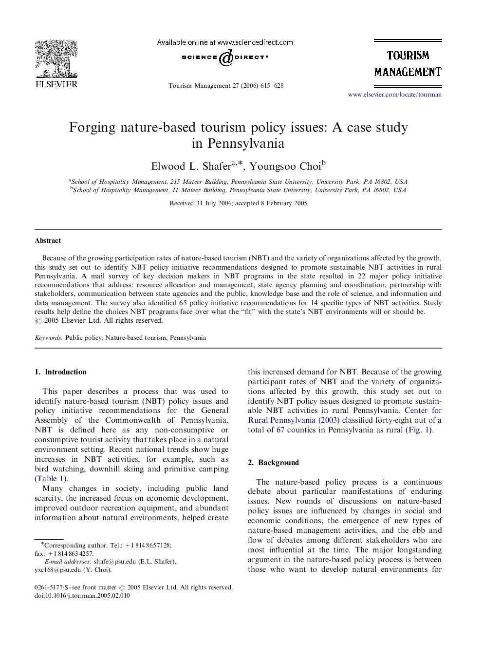 Forging nature-based tourism policy issues: A case study in Pennsylvania