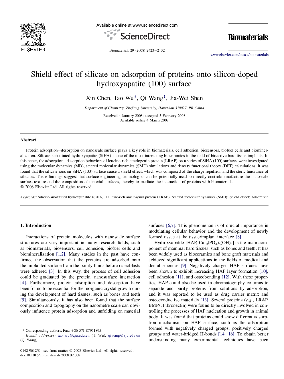 Shield effect of silicate on adsorption of proteins onto silicon-doped hydroxyapatite (100) surface