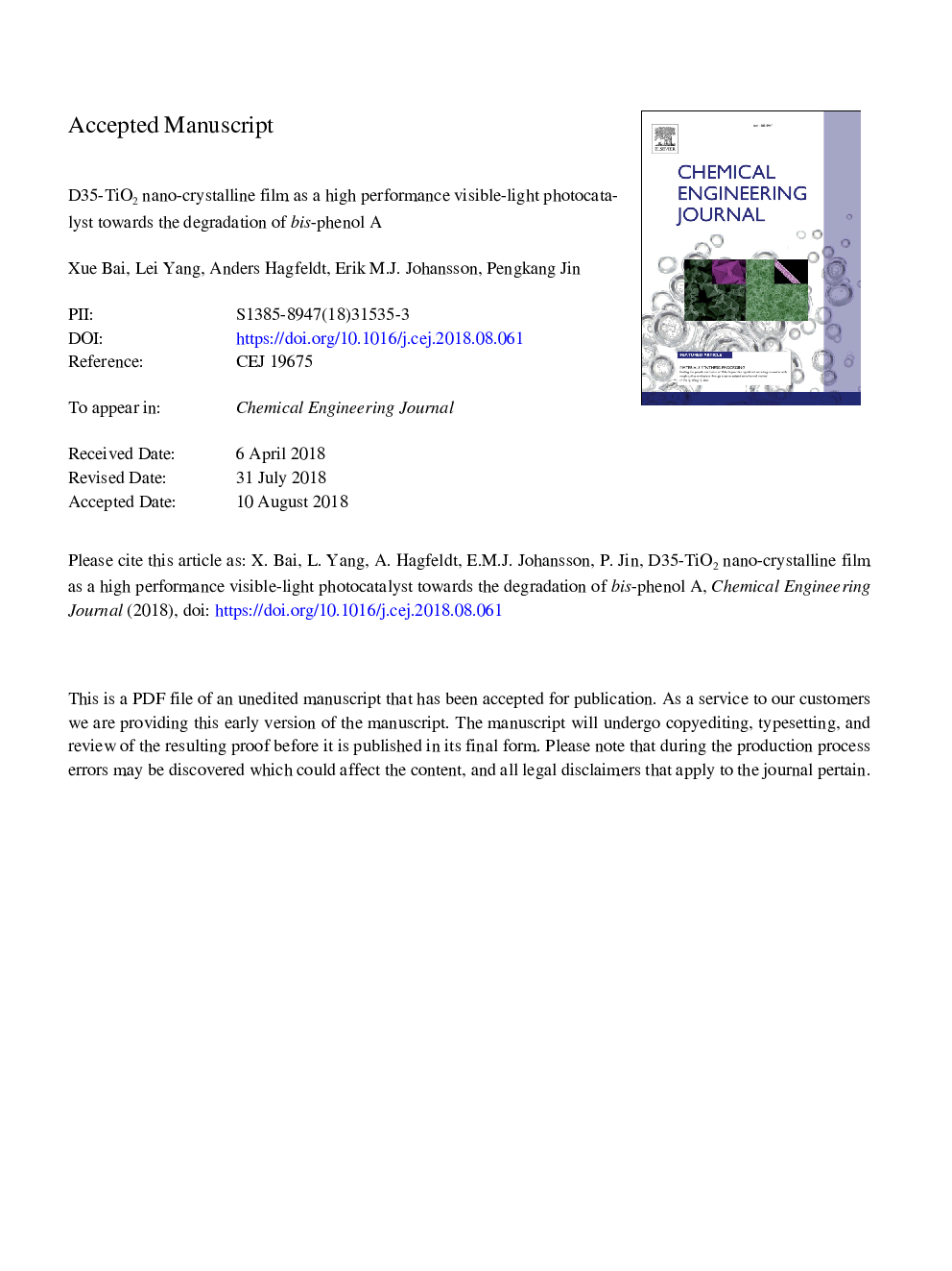 D35-TiO2 nano-crystalline film as a high performance visible-light photocatalyst towards the degradation of bis-phenol A