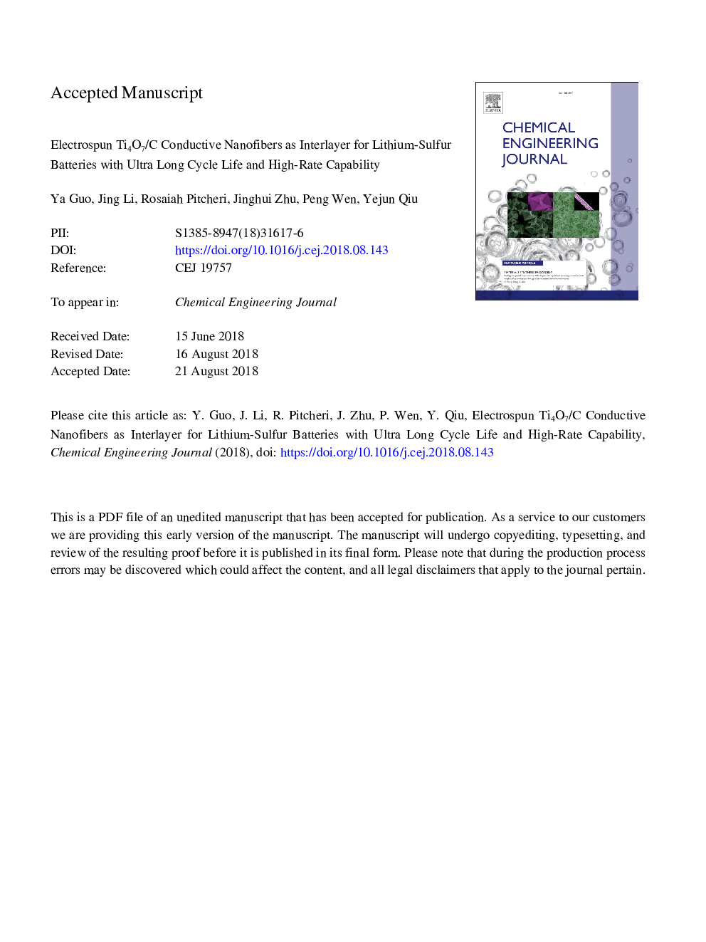 Electrospun Ti4O7/C conductive nanofibers as interlayer for lithium-sulfur batteries with ultra long cycle life and high-rate capability