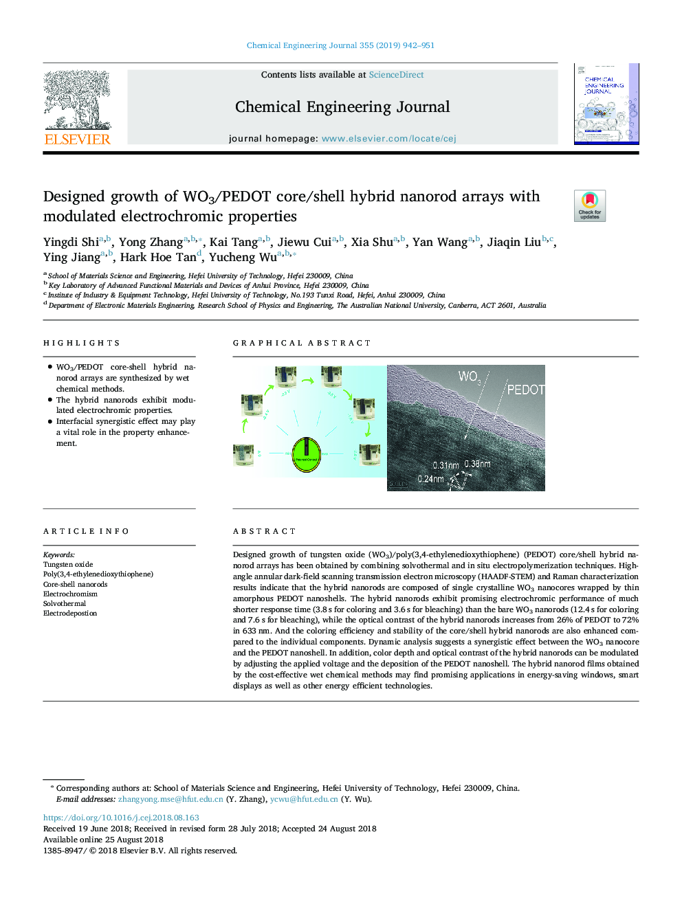 Designed growth of WO3/PEDOT core/shell hybrid nanorod arrays with modulated electrochromic properties