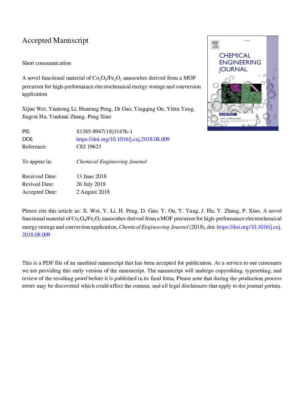 A novel functional material of Co3O4/Fe2O3 nanocubes derived from a MOF precursor for high-performance electrochemical energy storage and conversion application