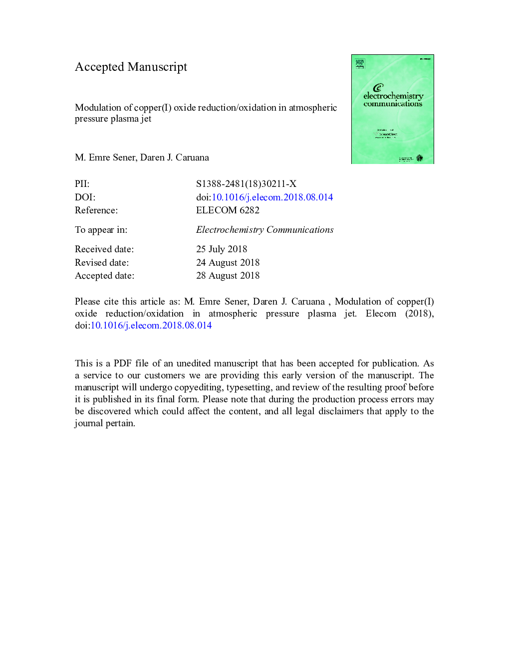 Modulation of copper(I) oxide reduction/oxidation in atmospheric pressure plasma jet