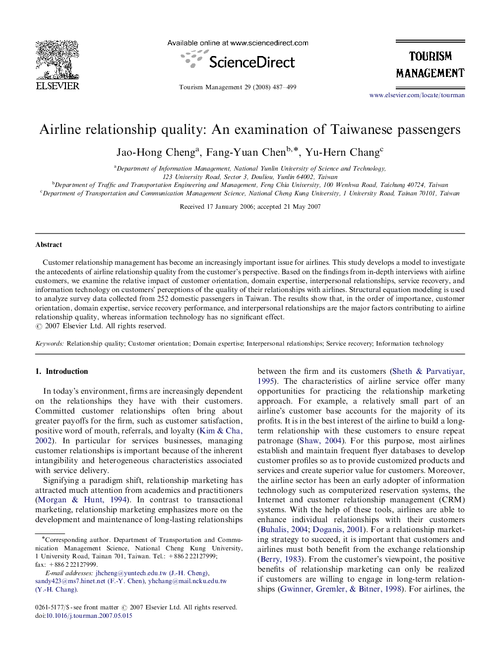 Airline relationship quality: An examination of Taiwanese passengers