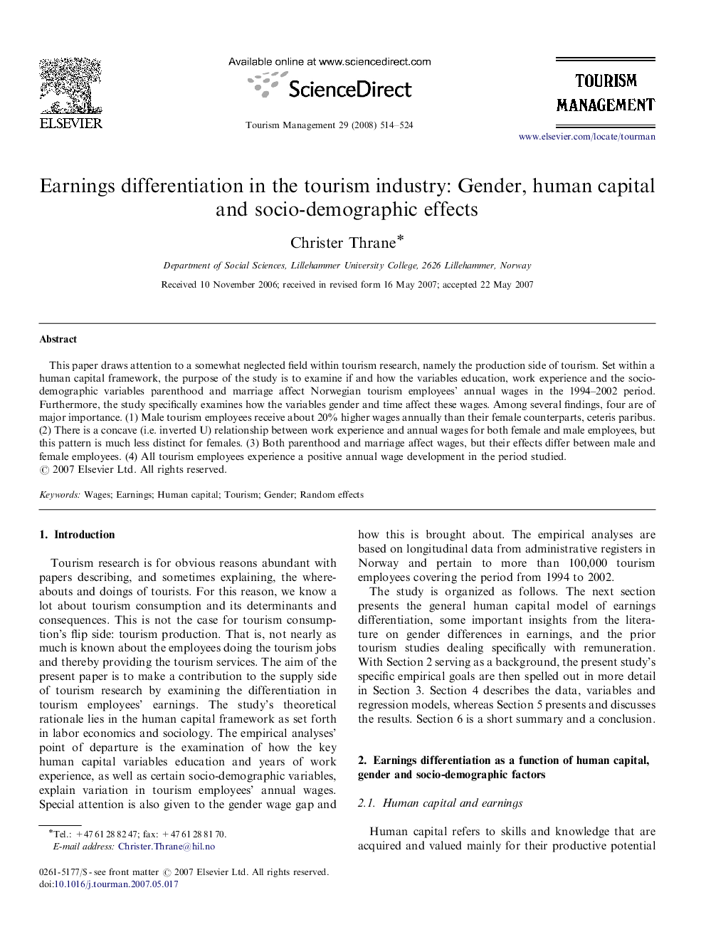 Earnings differentiation in the tourism industry: Gender, human capital and socio-demographic effects