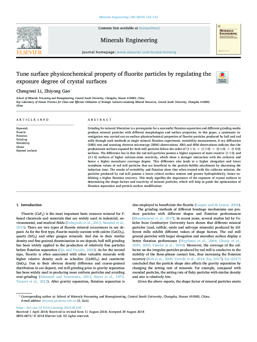 Tune surface physicochemical property of fluorite particles by regulating the exposure degree of crystal surfaces