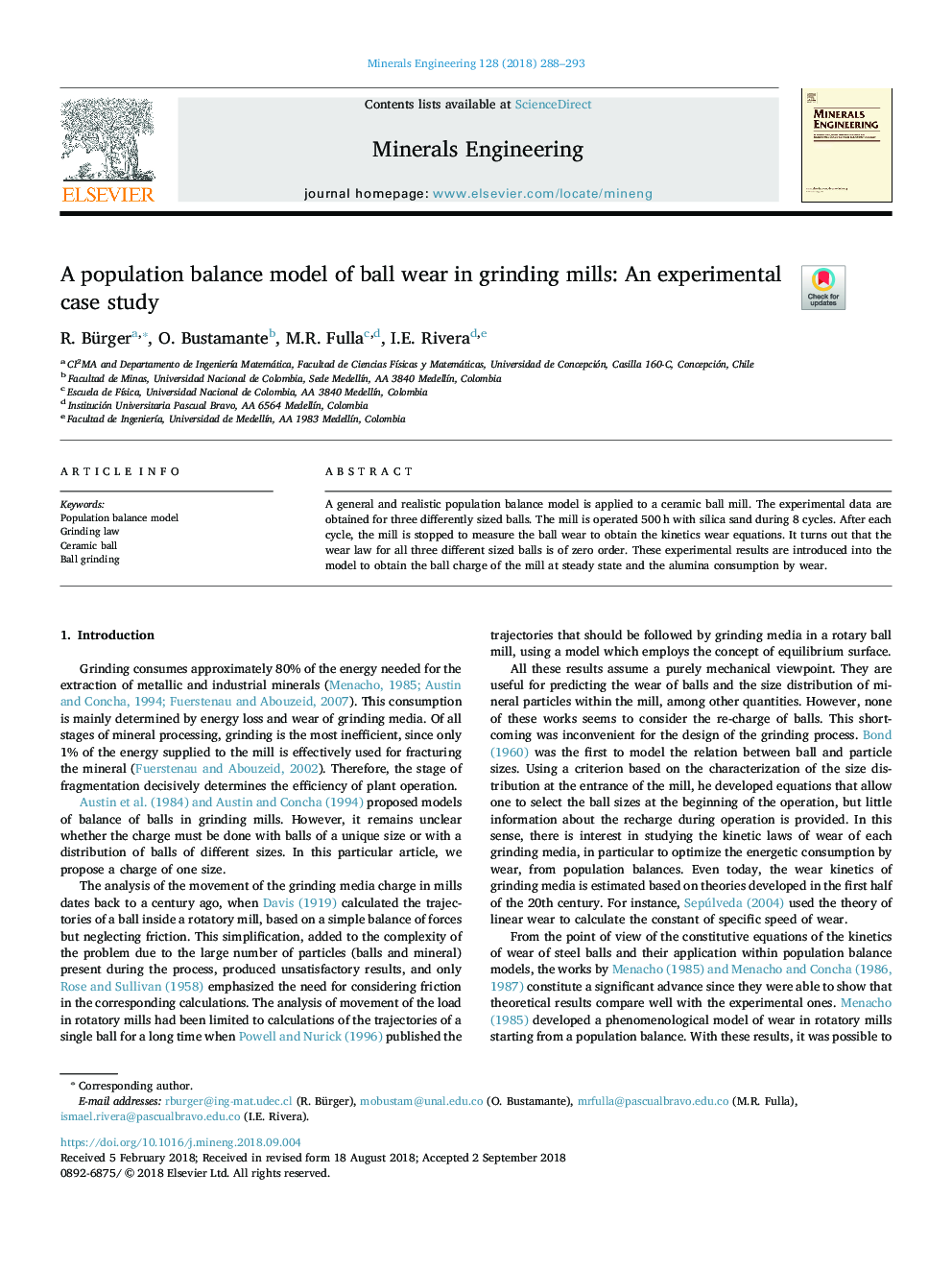 A population balance model of ball wear in grinding mills: An experimental case study