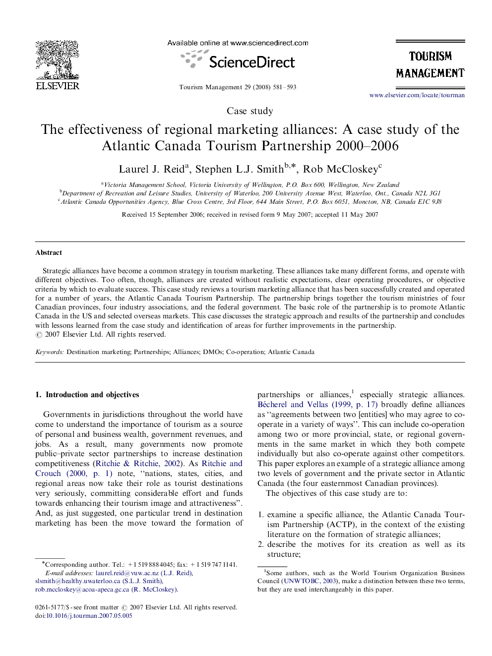 The effectiveness of regional marketing alliances: A case study of the Atlantic Canada Tourism Partnership 2000–2006