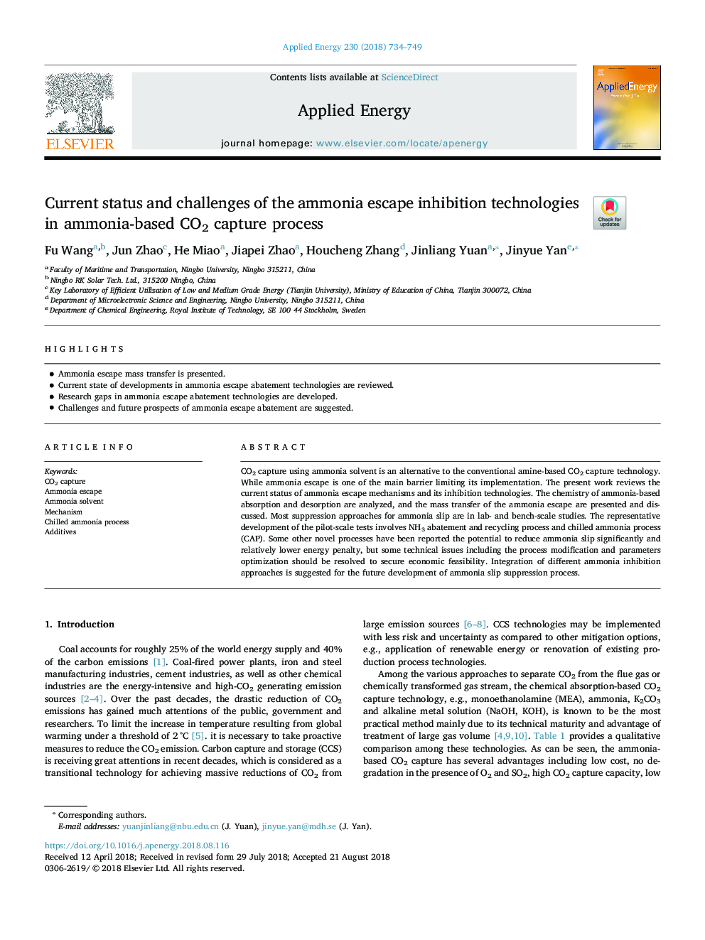 Current status and challenges of the ammonia escape inhibition technologies in ammonia-based CO2 capture process