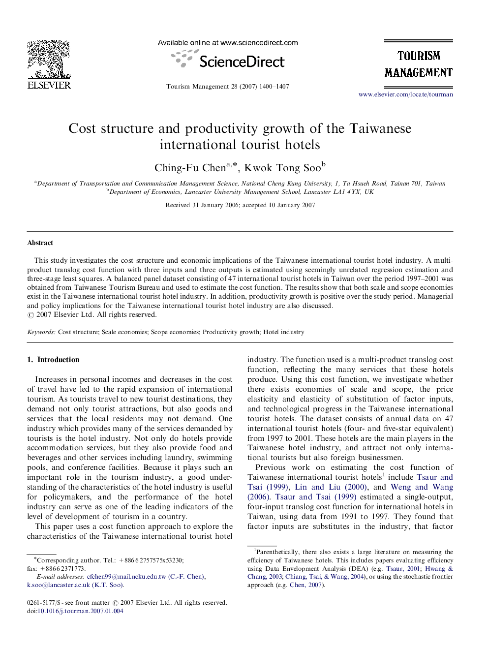 Cost structure and productivity growth of the Taiwanese international tourist hotels