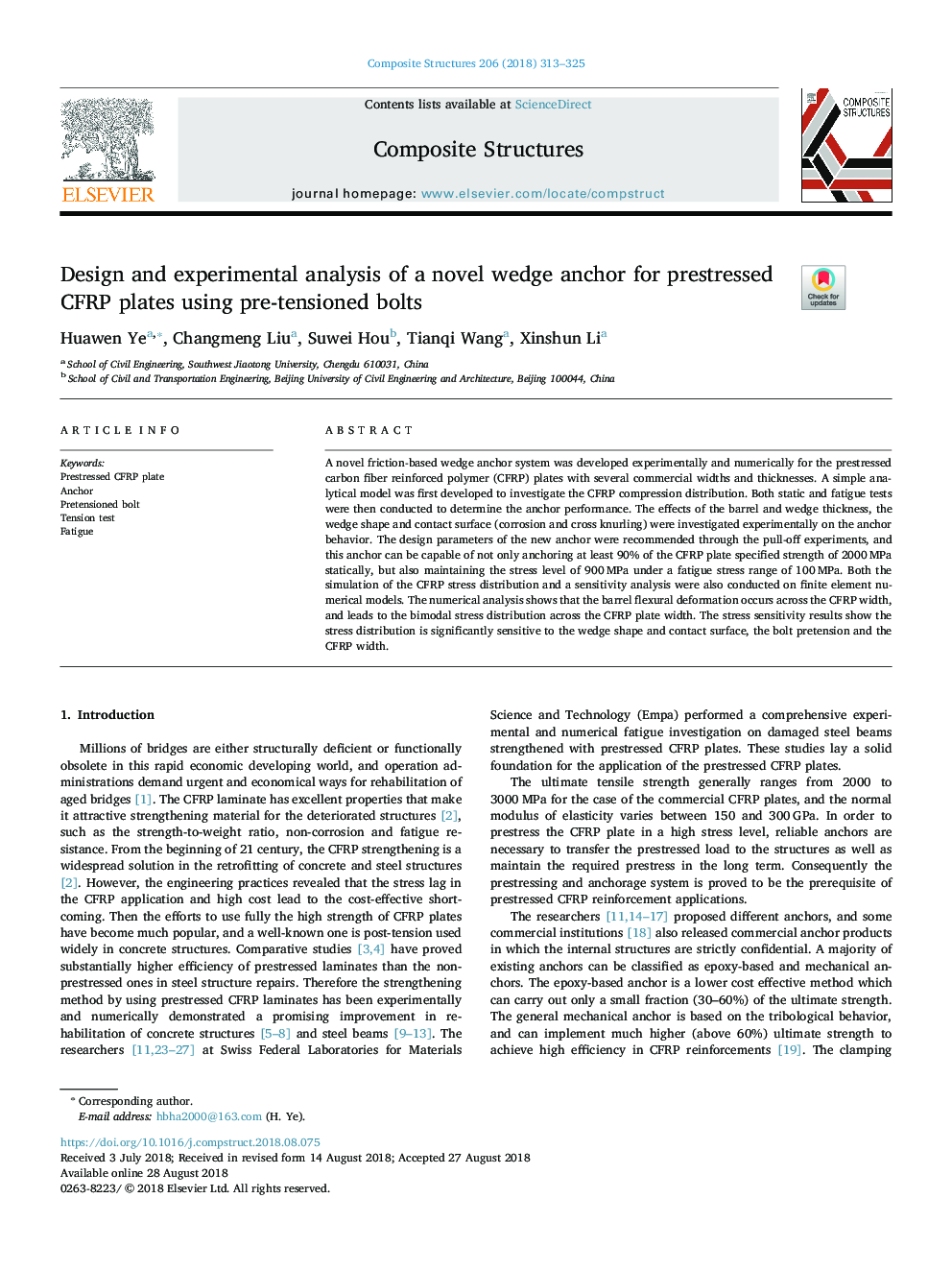 Design and experimental analysis of a novel wedge anchor for prestressed CFRP plates using pre-tensioned bolts