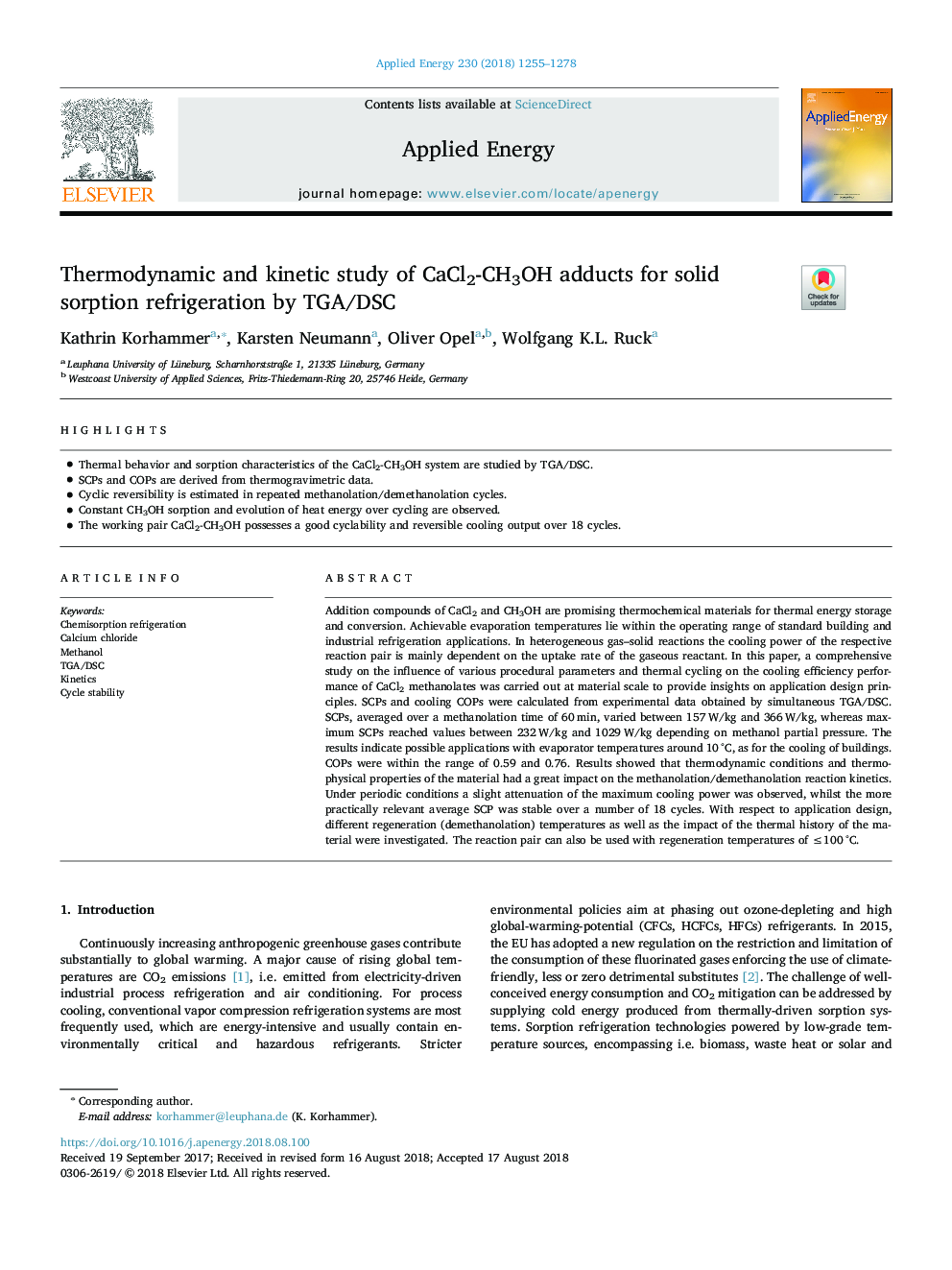 Thermodynamic and kinetic study of CaCl2-CH3OH adducts for solid sorption refrigeration by TGA/DSC