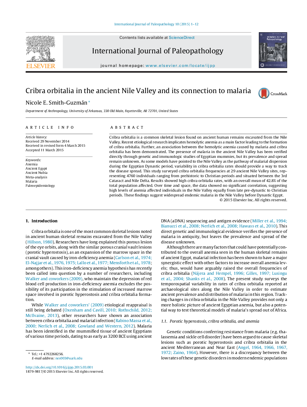 Cribra orbitalia in the ancient Nile Valley and its connection to malaria