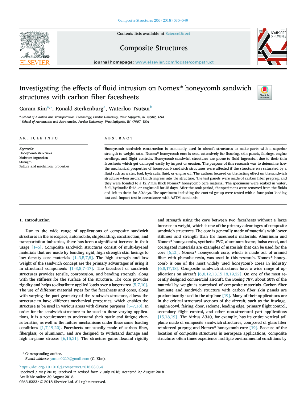 Investigating the effects of fluid intrusion on Nomex® honeycomb sandwich structures with carbon fiber facesheets