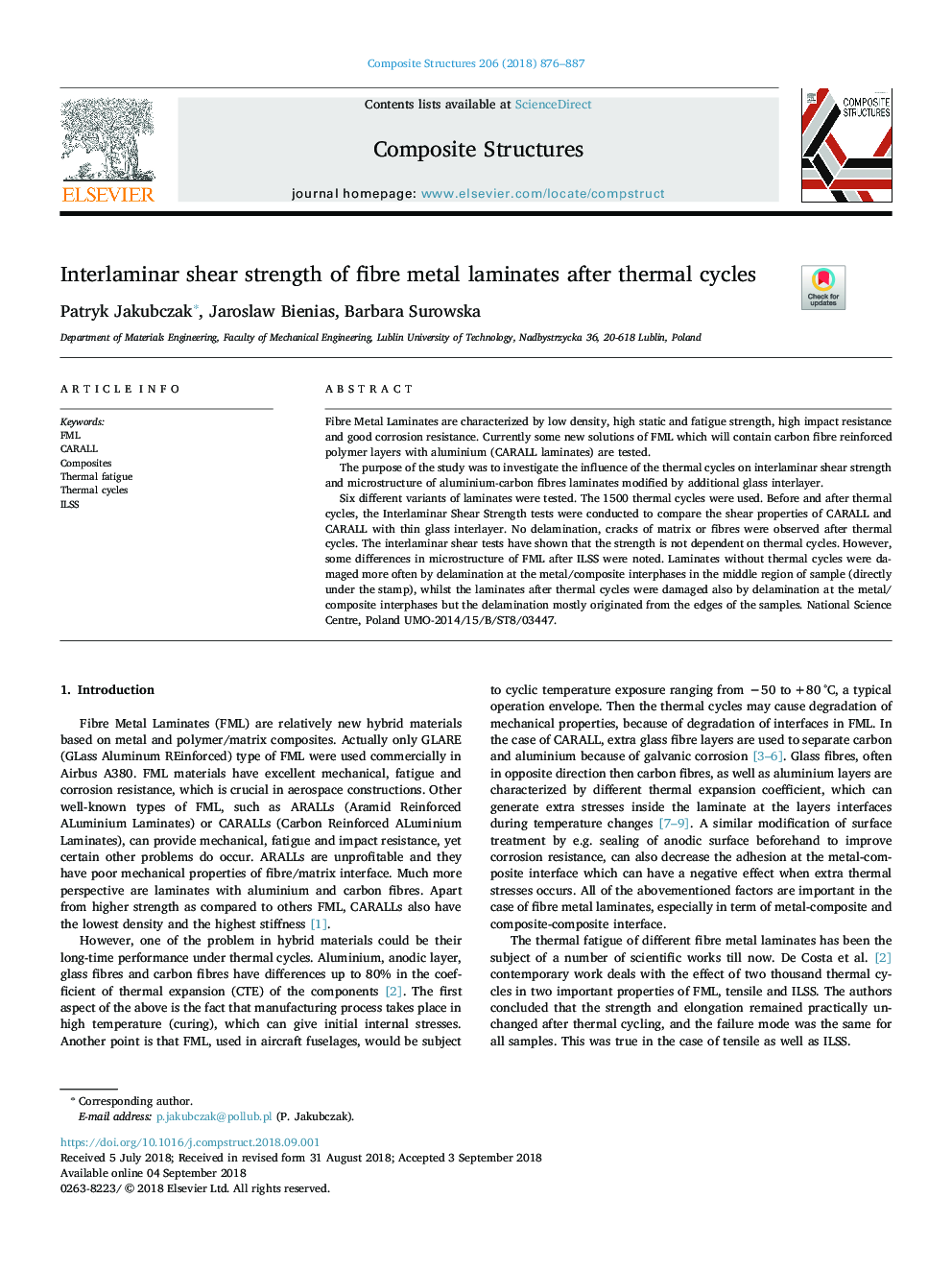 Interlaminar shear strength of fibre metal laminates after thermal cycles