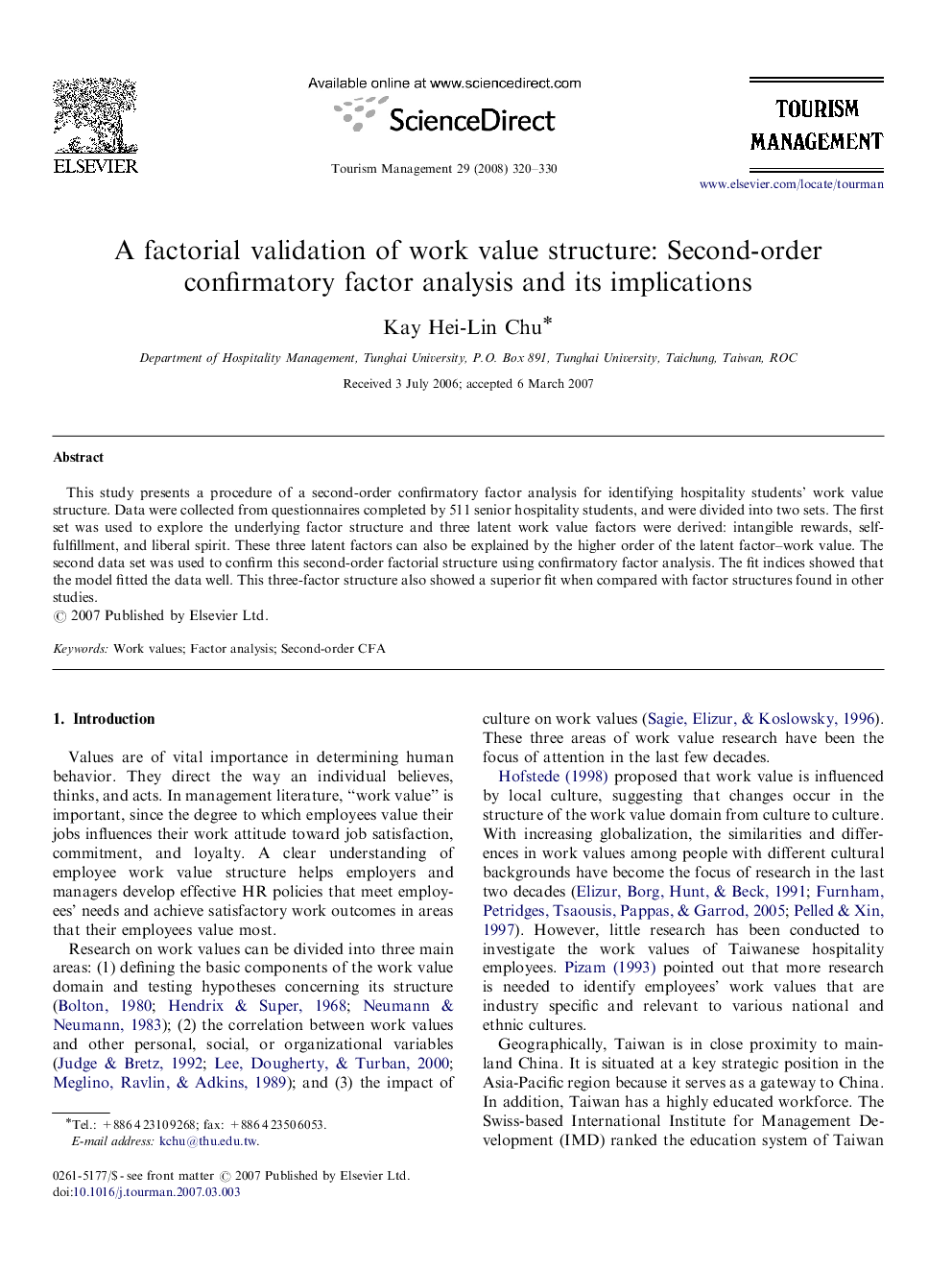 A factorial validation of work value structure: Second-order confirmatory factor analysis and its implications