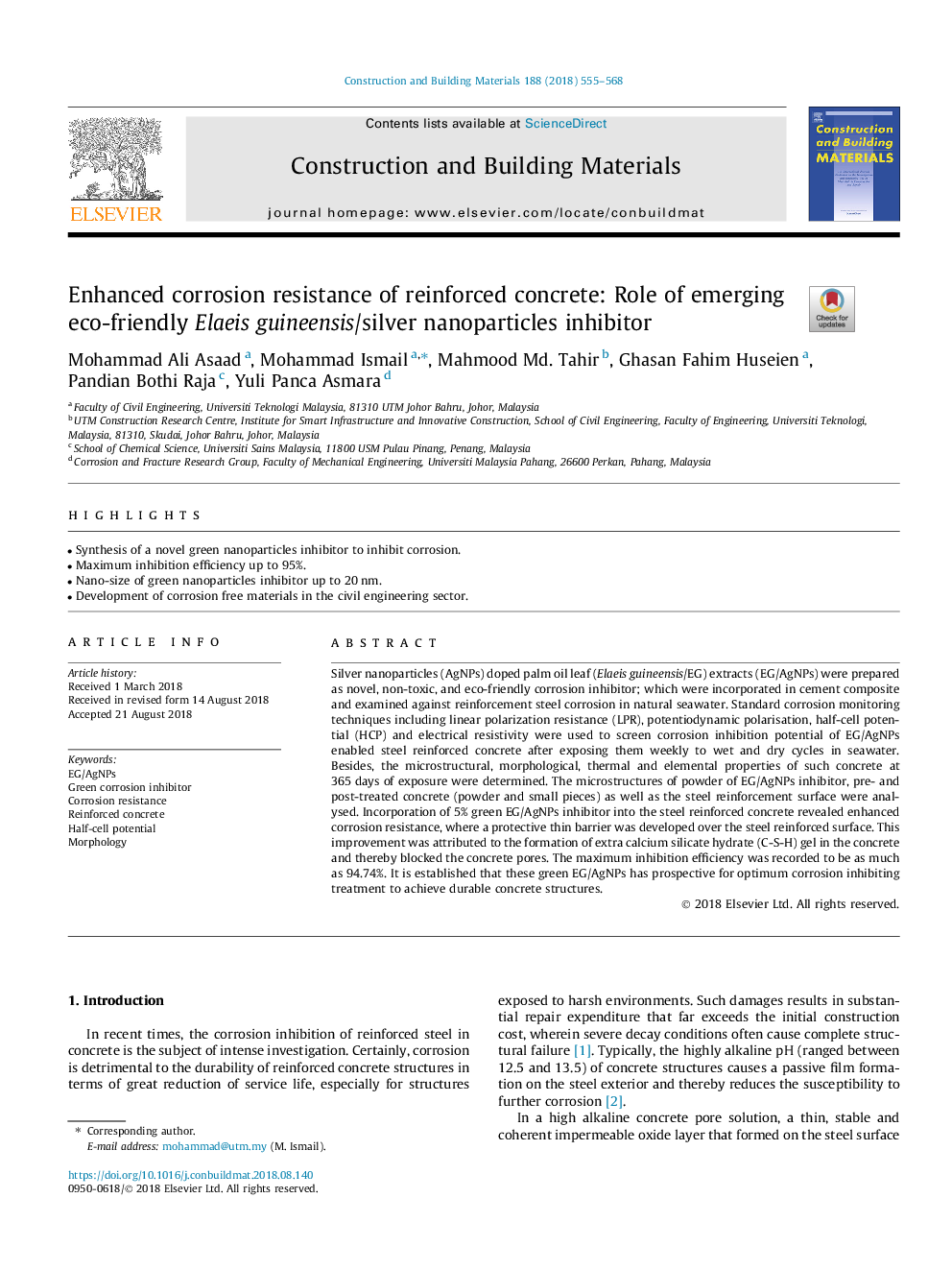 Enhanced corrosion resistance of reinforced concrete: Role of emerging eco-friendly Elaeis guineensis/silver nanoparticles inhibitor