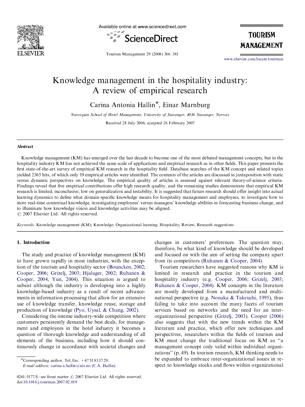 Knowledge management in the hospitality industry: A review of empirical research