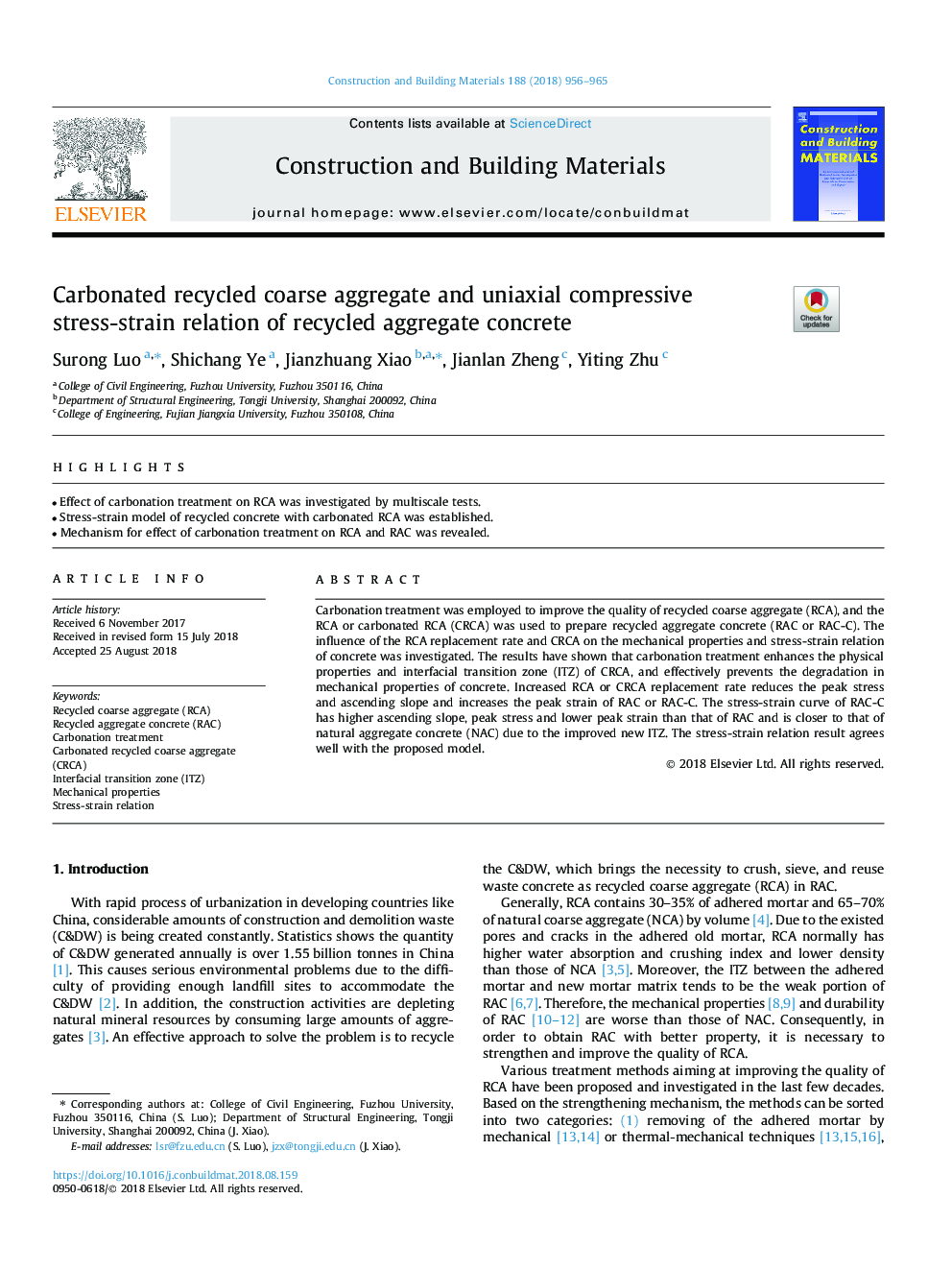 Carbonated recycled coarse aggregate and uniaxial compressive stress-strain relation of recycled aggregate concrete