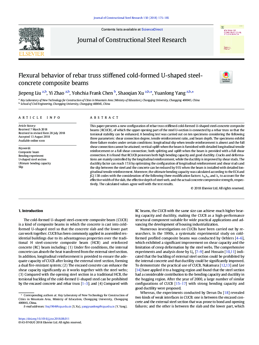 Flexural behavior of rebar truss stiffened cold-formed U-shaped steel-concrete composite beams