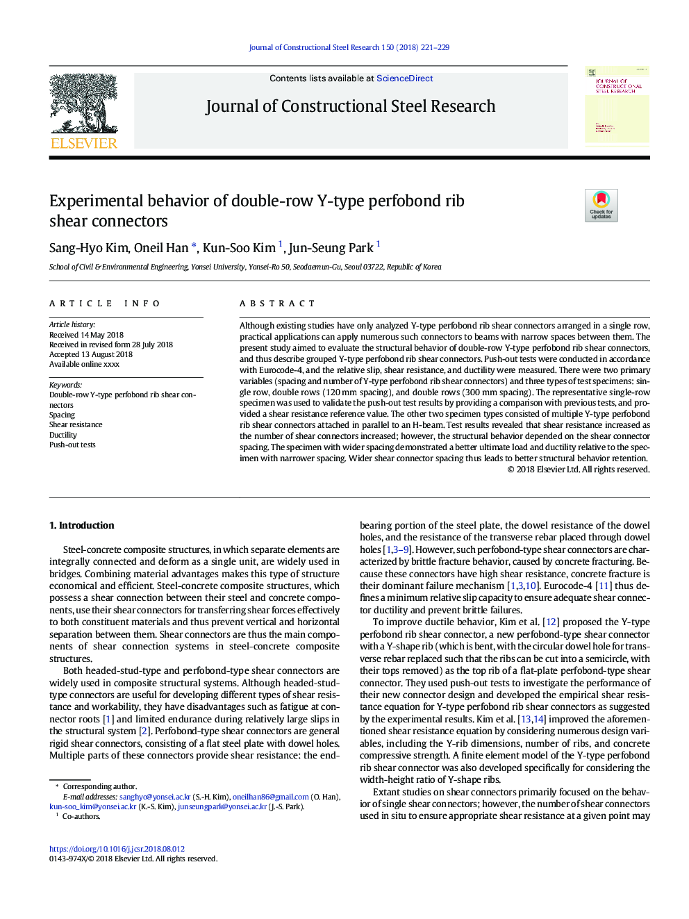 Experimental behavior of double-row Y-type perfobond rib shear connectors