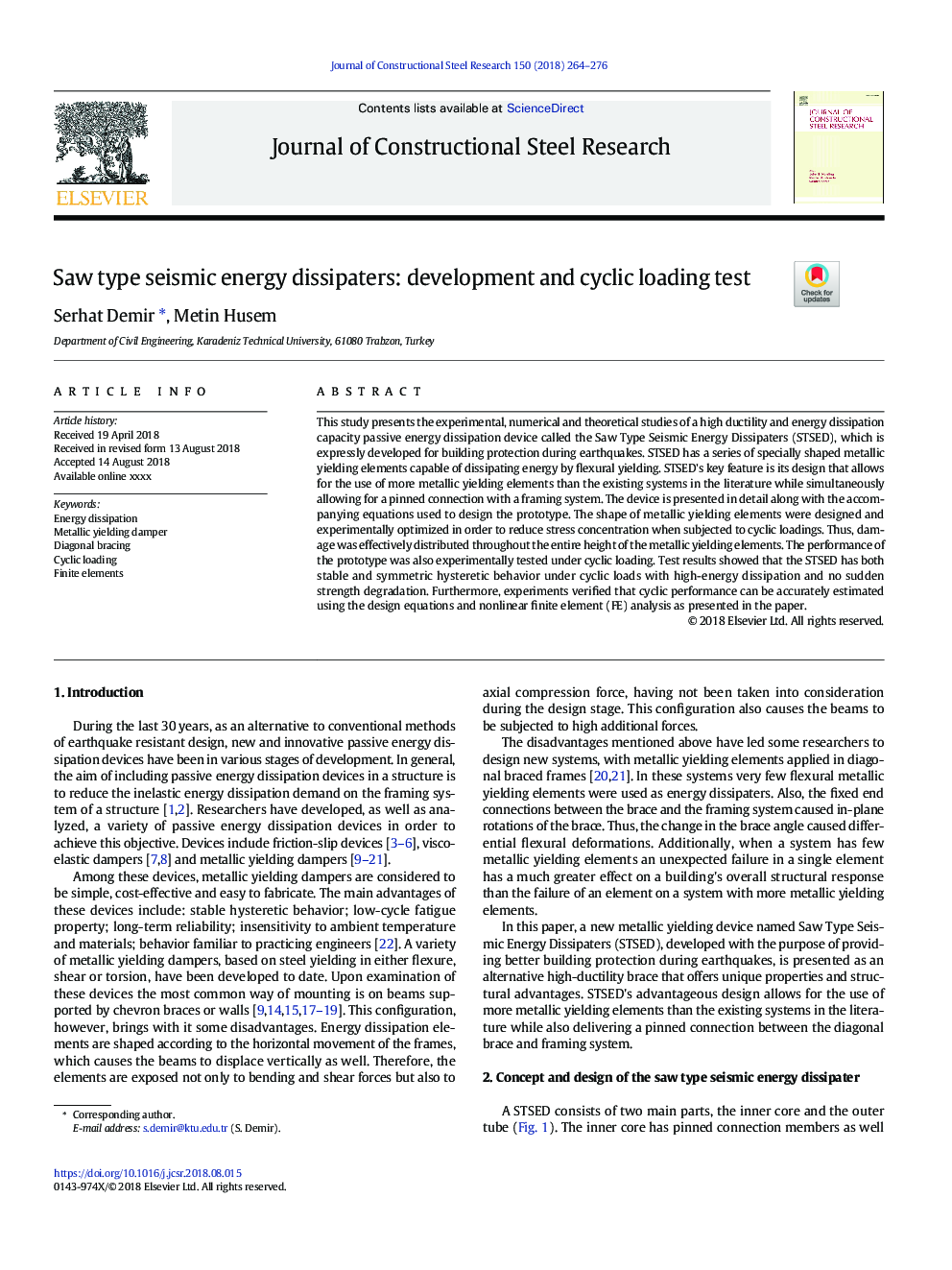 Saw type seismic energy dissipaters: development and cyclic loading test