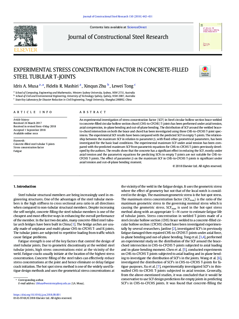 EXPERIMENTAL STRESS CONCENTRATION FACTOR IN CONCRETE-FILLED STEEL TUBULAR T-JOINTS