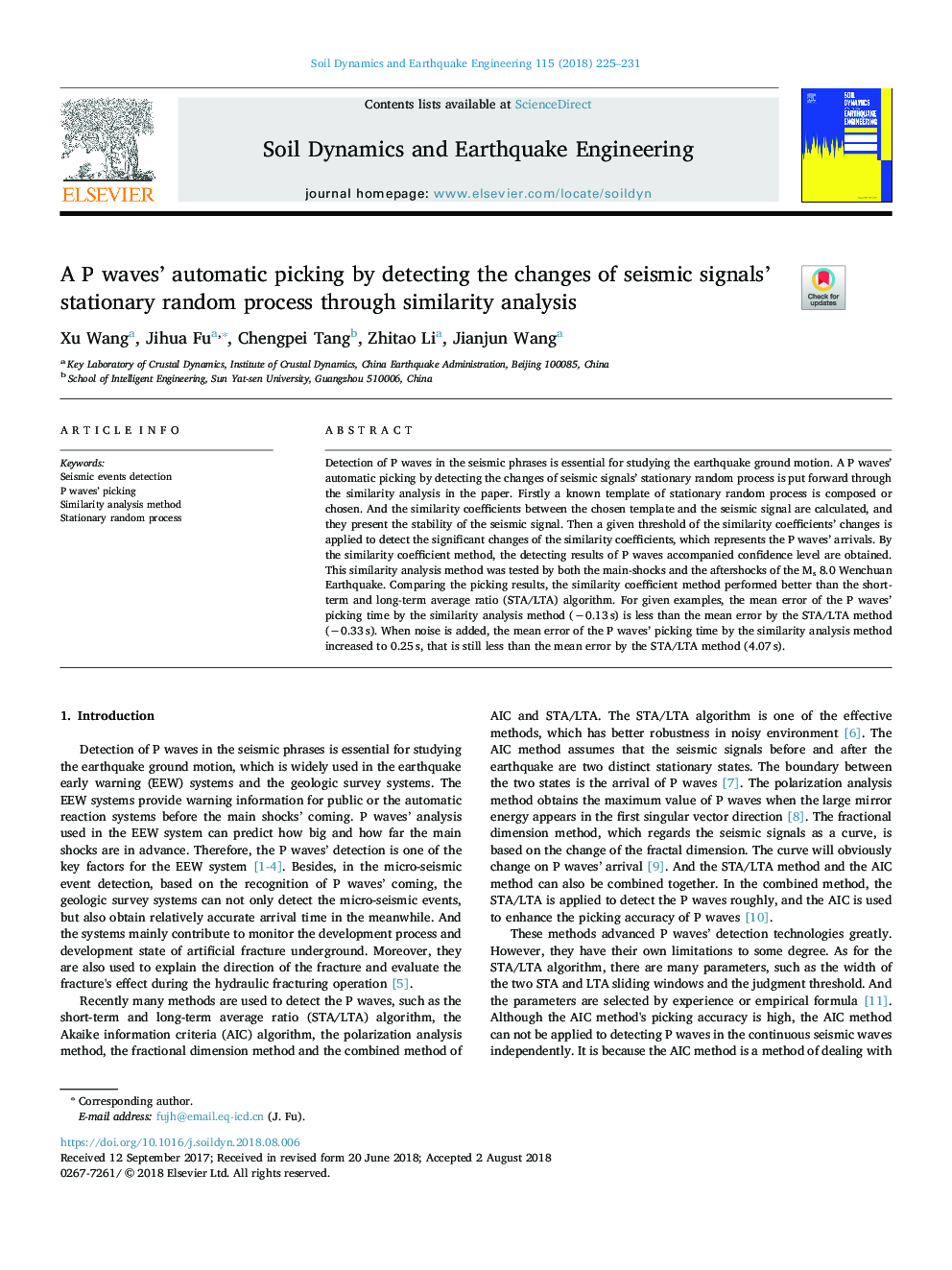 عکس صفحه اول مقاله: A P waves' automatic picking by detecting the changes of seismic signals' stationary random process through similarity analysis A P waves' automatic picking by detecting the changes of seismic signals' stationary random process through similarity analysis