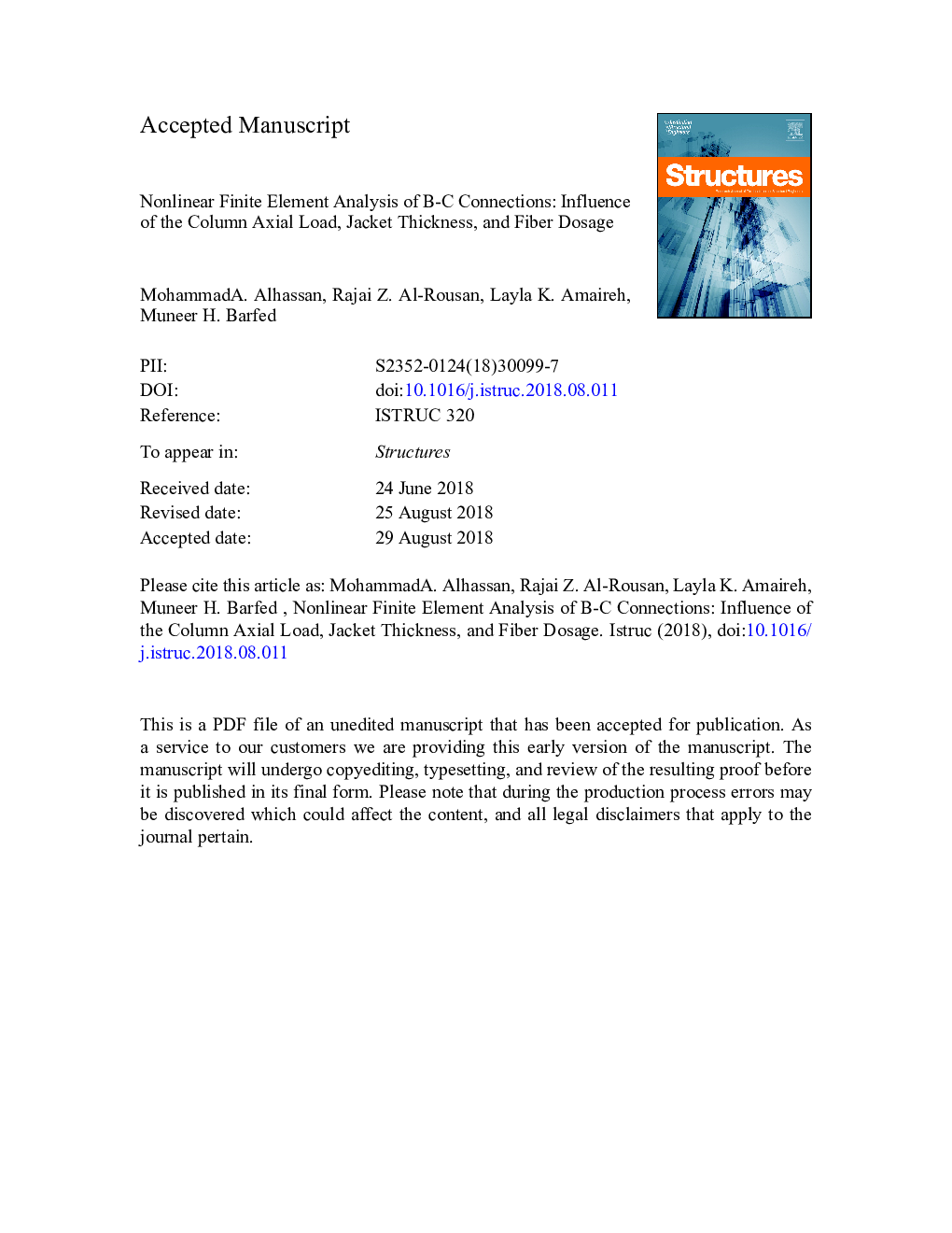 Nonlinear Finite Element Analysis of B-C Connections: Influence of the Column Axial Load, Jacket Thickness, and Fiber Dosage