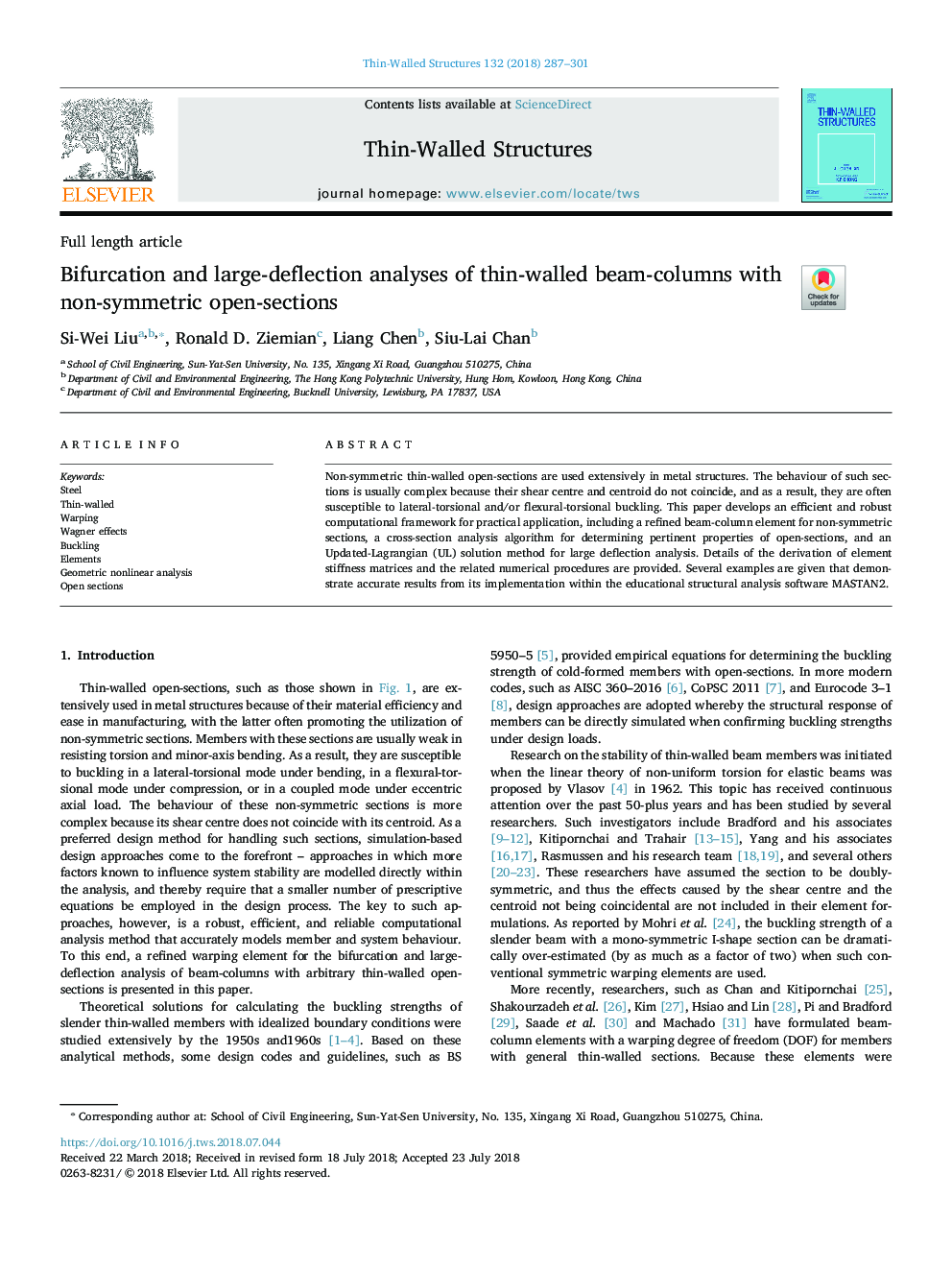 Bifurcation and large-deflection analyses of thin-walled beam-columns with non-symmetric open-sections