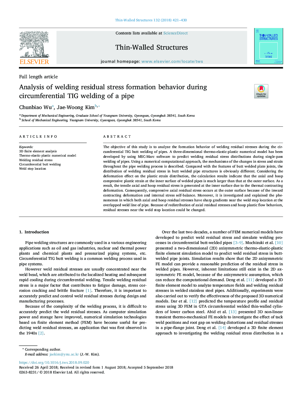 Analysis of welding residual stress formation behavior during circumferential TIG welding of a pipe