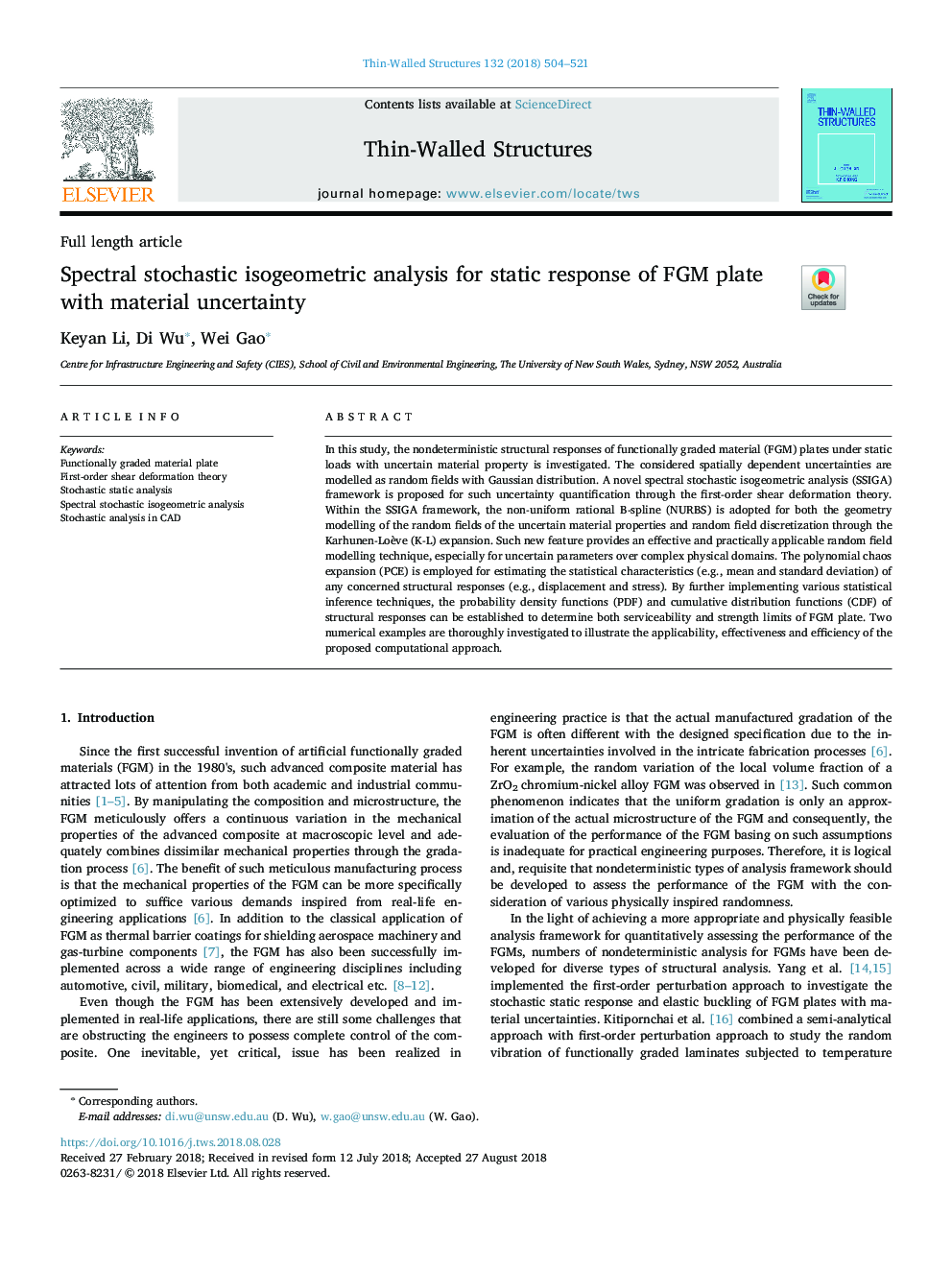 Spectral stochastic isogeometric analysis for static response of FGM plate with material uncertainty