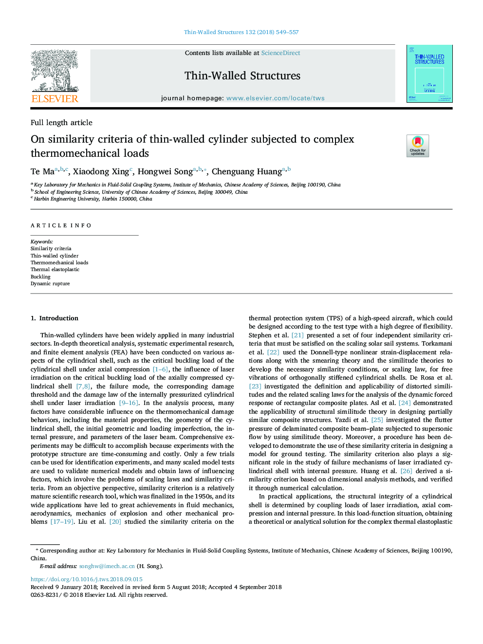 On similarity criteria of thin-walled cylinder subjected to complex thermomechanical loads