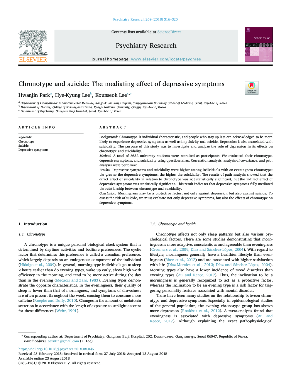 Chronotype and suicide: The mediating effect of depressive symptoms